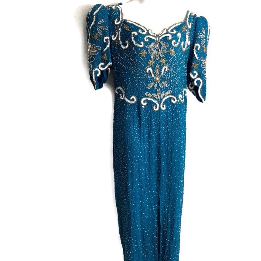 Sz 18 Teal  w/ Sequins & Pearl Sheer Maxi Gown